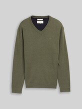 TOM TAILOR Herren Strickpullover mit V-Ausschnitt aus Baumwolle, grün, Meliert, Gr. S