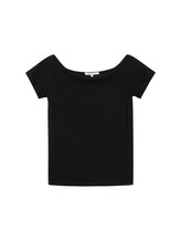 TOM TAILOR DENIM Damen T-Shirt mit Carmen Ausschnitt, schwarz, Uni, Gr. L