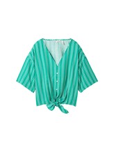 TOM TAILOR DENIM Damen Cropped Bluse mit Leinen, grün, Streifenmuster, Gr. XS