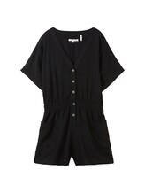 TOM TAILOR DENIM Damen Kurzer Jumpsuit mit zertifizierten Leinen, schwarz, Uni, Gr. S
