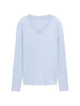 TOM TAILOR Damen Langarmshirt mit V-Ausschnitt, blau, Uni, Gr. M