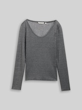 TOM TAILOR DENIM Damen Slim Fit Langarmshirt mit Glitzer-Effekt, schwarz, Uni, Gr. M