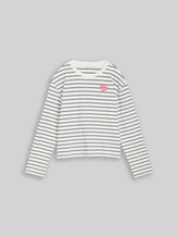 TOM TAILOR DENIM Damen Boxy Fit Langarmshirt mit Herz-Stickerei, weiß, Gestreift, Gr. XXL