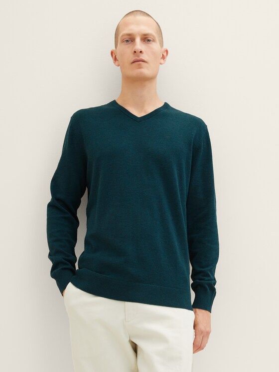Basic Strickpullover - Männer - sapphire green melange Basic Strickpullover - Männer - sapphire green melange - 1 - TOM TAILOR