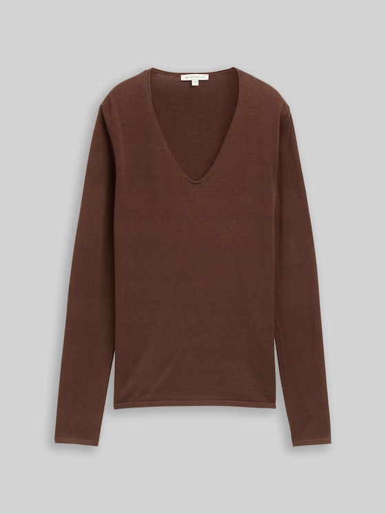 Knitted jumper with V-neck in brown by Tom Tailor