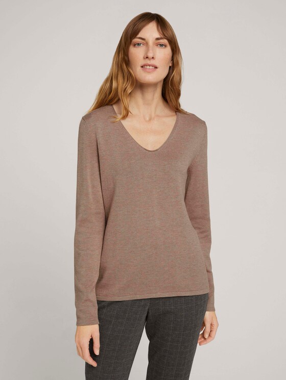 Jumper with V-neckline - Women - french clay beige melange Jumper with V-neckline - Women - french clay beige melange - 1 - TOM TAILOR