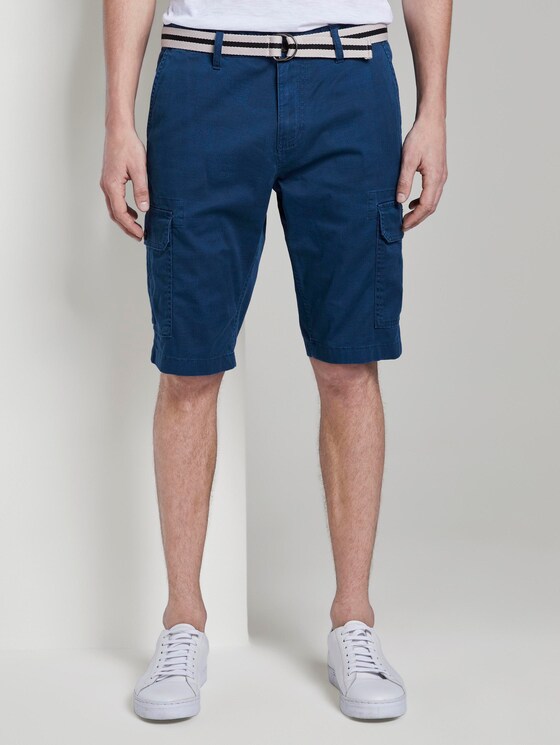 Gemusterte Cargo-Shorts mit Gürtel - Männer - blue minimal structure check Gemusterte Cargo-Shorts mit Gürtel - Männer - blue minimal structure check - 1 - TOM TAILOR