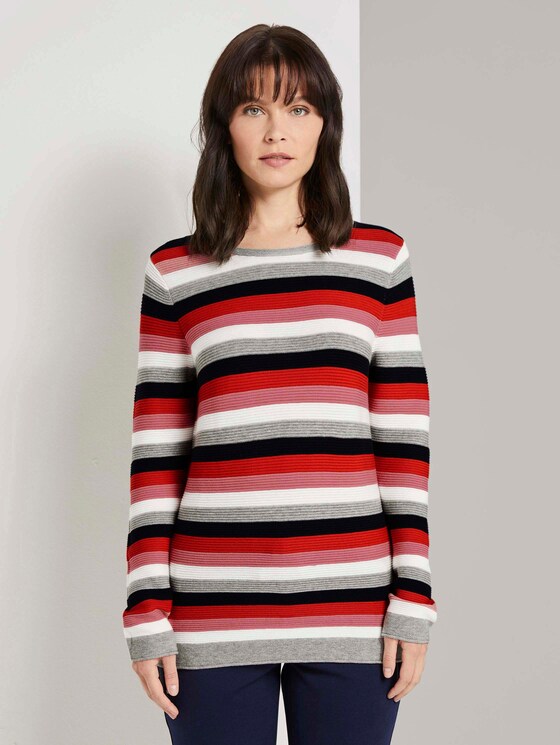 Strickpullover mit Rundhalsausschnitt - Frauen - navy red stripes Strickpullover mit Rundhalsausschnitt - Frauen - navy red stripes - 1 - TOM TAILOR