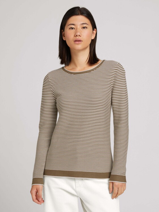 Gebreide trui met ronde hals - Vrouwen - offwhite brown ottoman stripe Gebreide trui met ronde hals - Vrouwen - offwhite brown ottoman stripe - 1 - TOM TAILOR