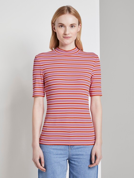 Gestreiftes T-Shirt mit Stehkragen - Frauen - pink red stripe Gestreiftes T-Shirt mit Stehkragen - Frauen - pink red stripe - 1 - TOM TAILOR Denim