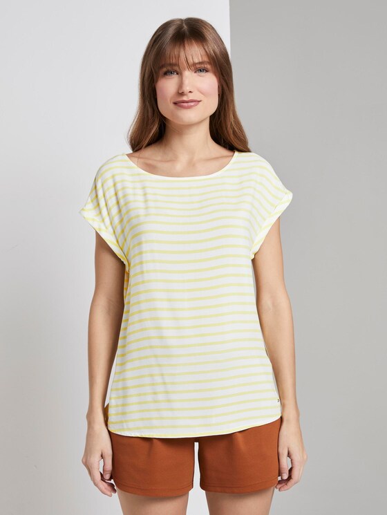 Gemustertes T-Shirt mit Cut-Out - Frauen - yellow white horizontal stripe Gemustertes T-Shirt mit Cut-Out - Frauen - yellow white horizontal stripe - 1 - TOM TAILOR Denim