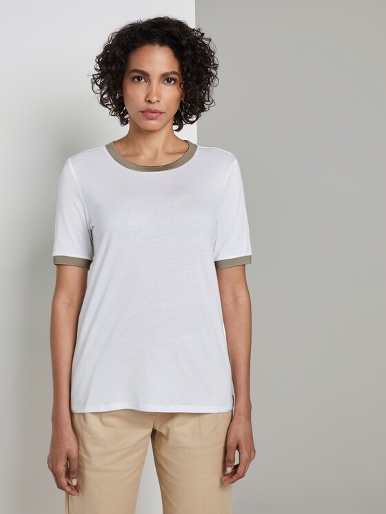 T-Shirt mit Kontrast-Blende - Frauen - Ceramic White T-Shirt mit Kontrast-Blende - Frauen - Ceramic White - 1 - Mine to five