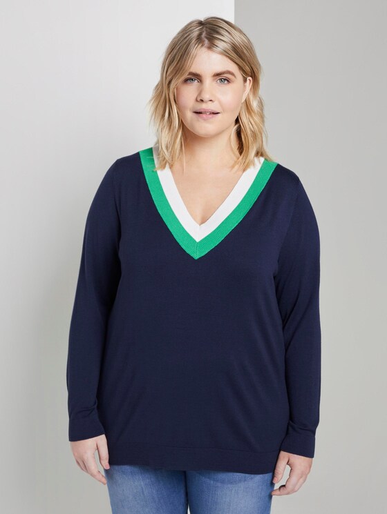 Knitted sweater with a two-tone neckline - Women - Real Navy Blue Knitted sweater with a two-tone neckline - Women - Real Navy Blue - 1 - My True Me