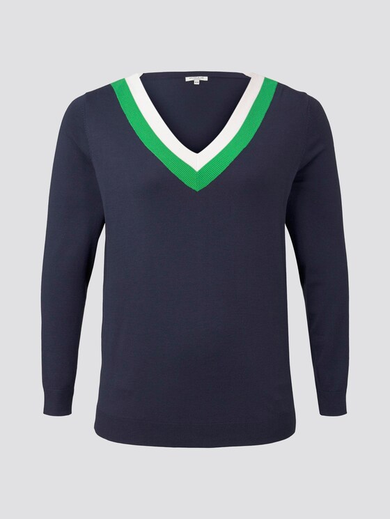 Knitted sweater with a two-tone neckline - Women - Real Navy Blue Knitted sweater with a two-tone neckline - Women - Real Navy Blue - 7 - My True Me