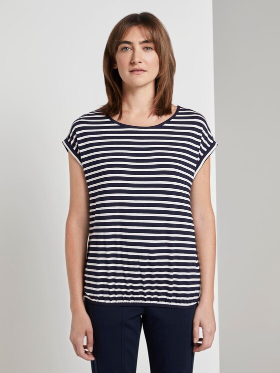 Patterned T-shirt with an elastic waistband - Women - navy stripe Patterned T-shirt with an elastic waistband - Women - navy stripe - 1 - TOM TAILOR