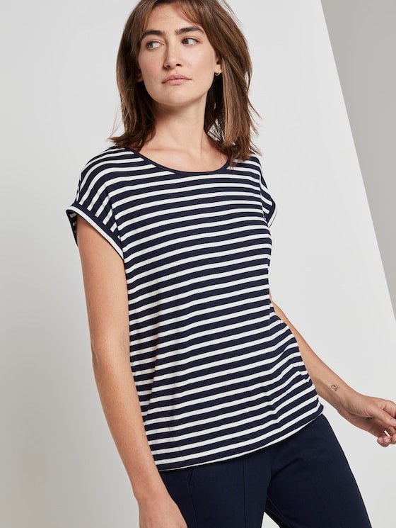 Patterned T-shirt with an elastic waistband - Women - navy stripe Patterned T-shirt with an elastic waistband - Women - navy stripe - 5 - TOM TAILOR