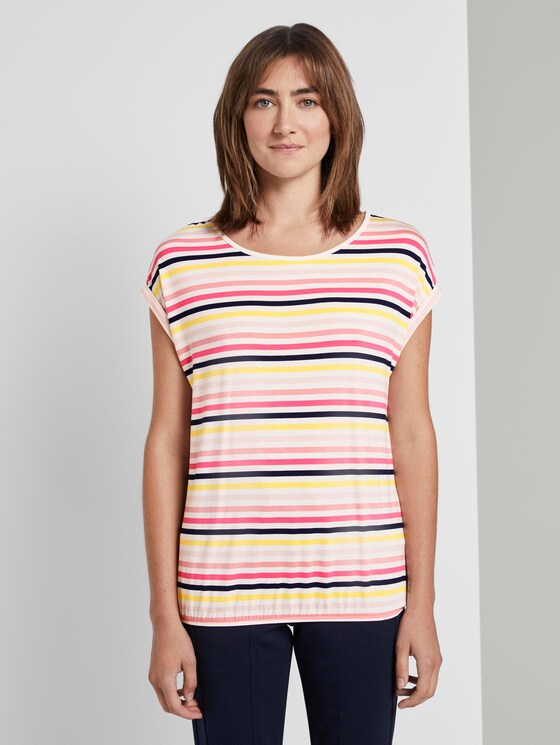 Gemustertes T-Shirt mit elastischem Bund - Frauen - offwhite multicolor stripe Gemustertes T-Shirt mit elastischem Bund - Frauen - offwhite multicolor stripe - 1 - TOM TAILOR