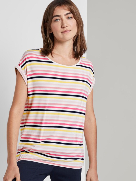 Gemustertes T-Shirt mit elastischem Bund - Frauen - offwhite multicolor stripe Gemustertes T-Shirt mit elastischem Bund - Frauen - offwhite multicolor stripe - 5 - TOM TAILOR