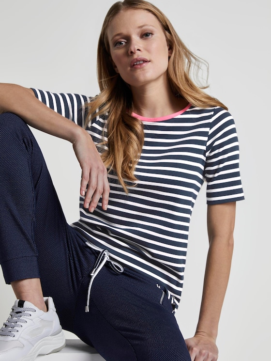 Gestreept T-shirt met contrasterende bies - Vrouwen - navy stripe - 5 - TOM TAILOR