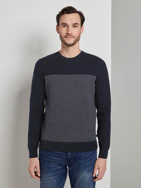 Sweater im Struktur-Mix - Männer - navy white stripe Sweater im Struktur-Mix - Männer - navy white stripe - 1 - TOM TAILOR