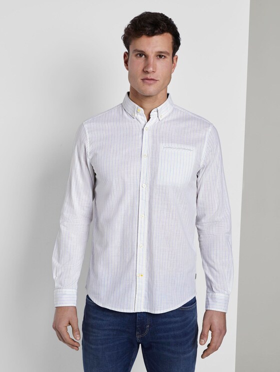 Checked shirt with a piped pocket - Men - white base green yellow stripe Checked shirt with a piped pocket - Men - white base green yellow stripe - 1 - TOM TAILOR