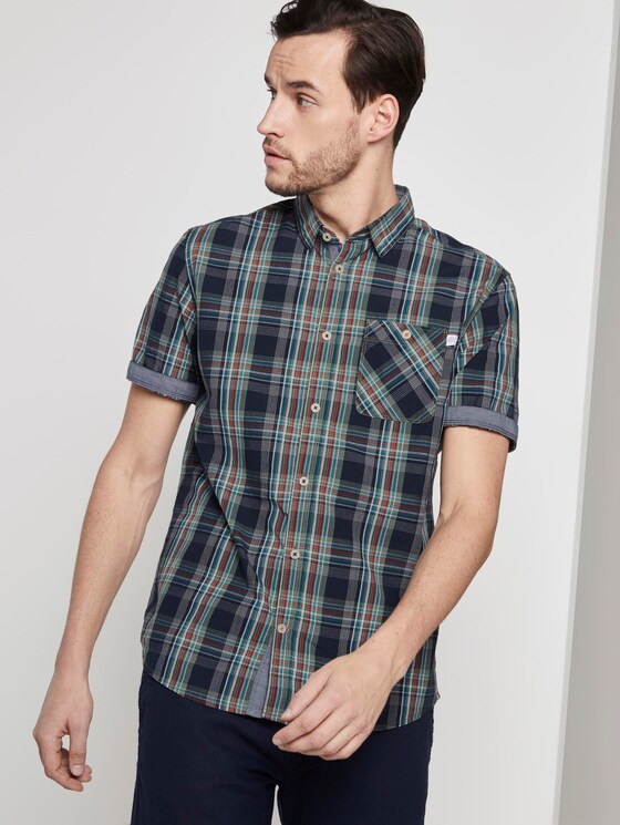 Checked short-sleeved shirt - Men - navy base olive check Checked short-sleeved shirt - Men - navy base olive check - 5 - TOM TAILOR