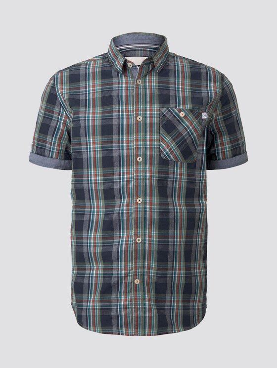 Checked short-sleeved shirt - Men - navy base olive check Checked short-sleeved shirt - Men - navy base olive check - 7 - TOM TAILOR
