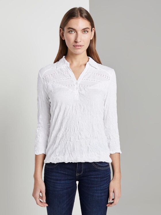 Poloshirt in Crincle-Optik mit Spitzeneinsatz - Frauen - White Poloshirt in Crincle-Optik mit Spitzeneinsatz - Frauen - White - 1 - TOM TAILOR