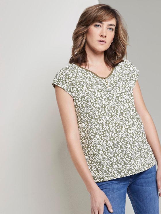 Gemustertes T-Shirt mit Henley-Ausschnitt - Frauen - khaki offwhite floral design Gemustertes T-Shirt mit Henley-Ausschnitt - Frauen - khaki offwhite floral design - 5 - TOM TAILOR