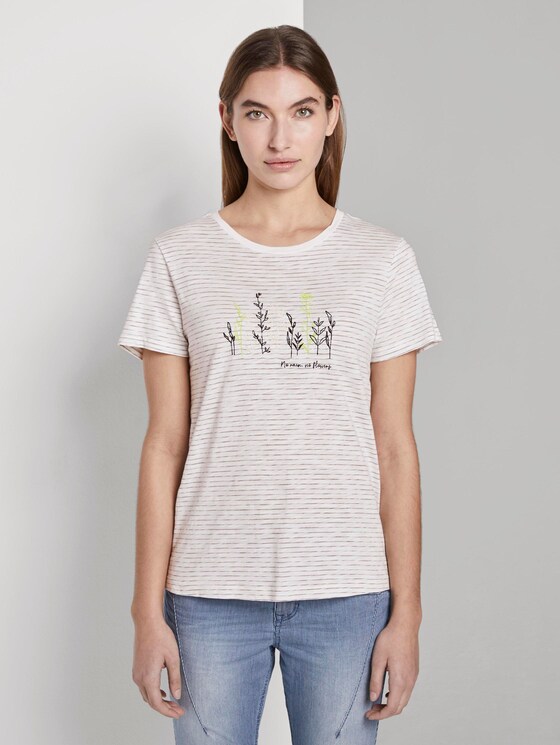 Gestreiftes T-Shirt mit floralem Print - Frauen - offwhite olive thin stripe Gestreiftes T-Shirt mit floralem Print - Frauen - offwhite olive thin stripe - 1 - TOM TAILOR