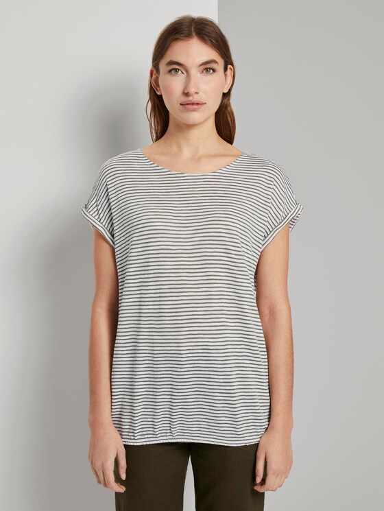 Gestreiftes T-Shirt mit elastischem Bund - Frauen - offwhite khaki stripe Gestreiftes T-Shirt mit elastischem Bund - Frauen - offwhite khaki stripe - 1 - TOM TAILOR