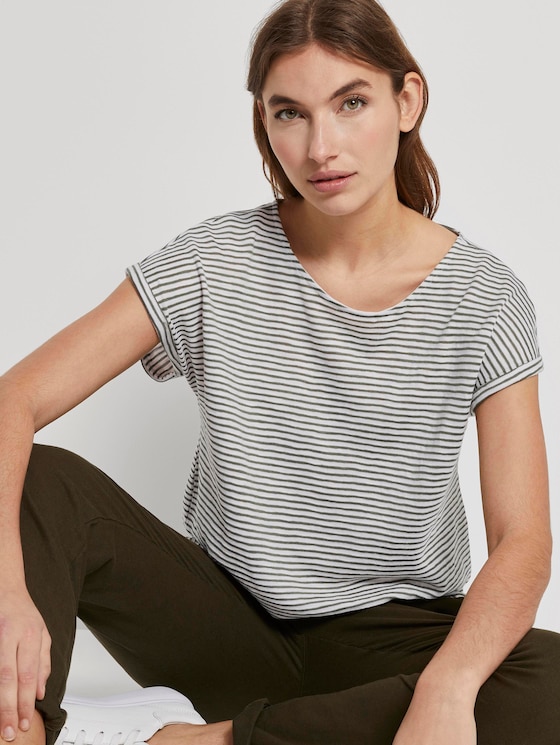 Gestreiftes T-Shirt mit elastischem Bund - Frauen - offwhite khaki stripe Gestreiftes T-Shirt mit elastischem Bund - Frauen - offwhite khaki stripe - 5 - TOM TAILOR