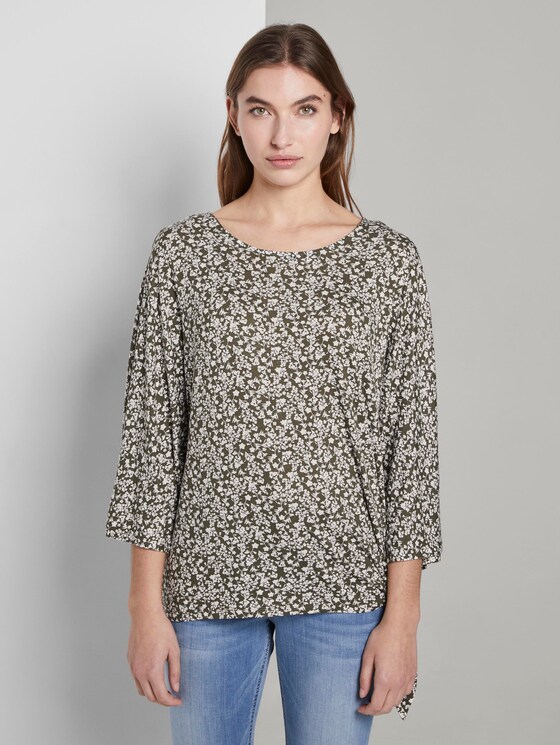 Gemustertes Shirt mit Knoten- und Ausschnittdetail - Frauen - khaki offwhite floral design Gemustertes Shirt mit Knoten- und Ausschnittdetail - Frauen - khaki offwhite floral design - 1 - TOM TAILOR