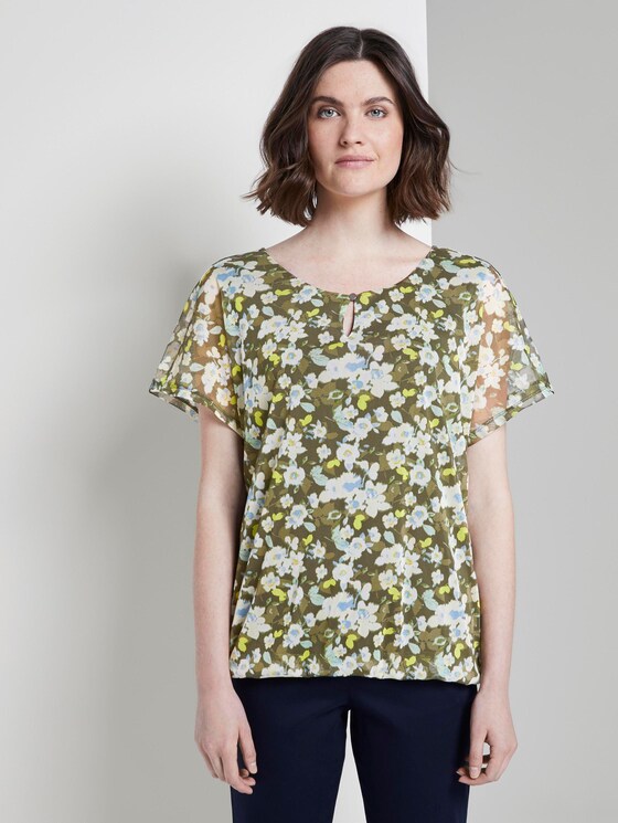 Patterned T-shirt with a mesh overlayer - Women - small khaki floral design Patterned T-shirt with a mesh overlayer - Women - small khaki floral design - 1 - TOM TAILOR