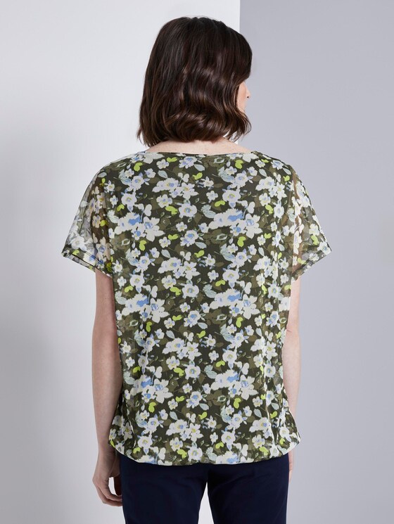 Patterned T-shirt with a mesh overlayer - Women - small khaki floral design Patterned T-shirt with a mesh overlayer - Women - small khaki floral design - 2 - TOM TAILOR