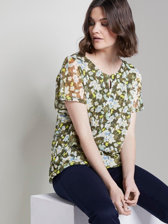 Patterned T-shirt with a mesh overlayer - Women - small khaki floral design Patterned T-shirt with a mesh overlayer - Women - small khaki floral design - 5 - TOM TAILOR
