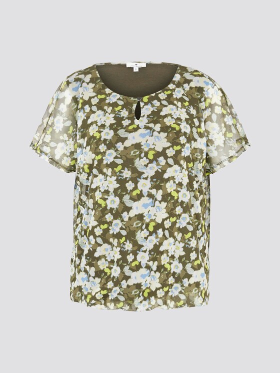 Patterned T-shirt with a mesh overlayer - Women - small khaki floral design Patterned T-shirt with a mesh overlayer - Women - small khaki floral design - 7 - TOM TAILOR