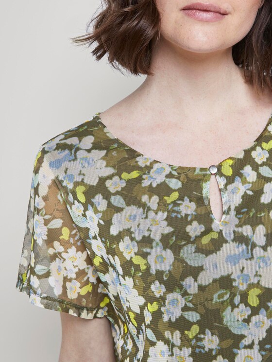 Patterned T-shirt with a mesh overlayer - Women - small khaki floral design Patterned T-shirt with a mesh overlayer - Women - small khaki floral design - 9 - TOM TAILOR