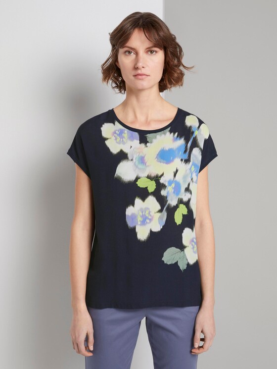 T-Shirt im Material-Mix mit floralem Print - Frauen - Sky Captain Blue T-Shirt im Material-Mix mit floralem Print - Frauen - Sky Captain Blue - 1 - TOM TAILOR