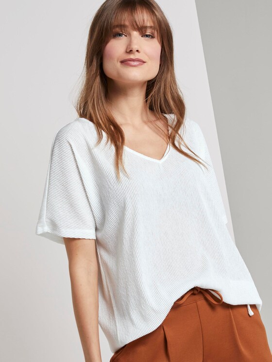 Strukturiertes T-Shirt mit V-Ausschnitt - Frauen - Off White Strukturiertes T-Shirt mit V-Ausschnitt - Frauen - Off White - 5 - TOM TAILOR Denim