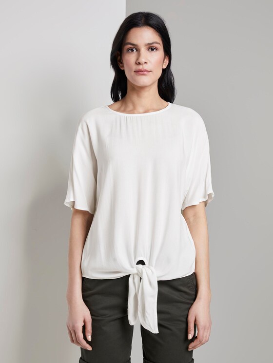 Gemusterte Kurzarm-Bluse mit Knotendetail - Frauen - Whisper White Gemusterte Kurzarm-Bluse mit Knotendetail - Frauen - Whisper White - 1 - TOM TAILOR
