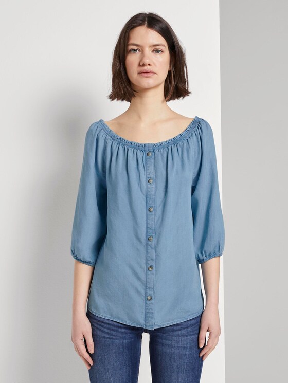 Schulterfreie Carmen-Bluse mit Knöpfen - Frauen - light stone bright blue denim Schulterfreie Carmen-Bluse mit Knöpfen - Frauen - light stone bright blue denim - 1 - TOM TAILOR Denim
