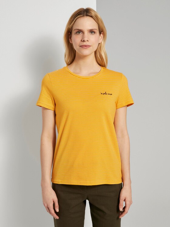 Basic T-shirt with a small print - Women - yellow thin stripes Basic T-shirt with a small print - Women - yellow thin stripes - 1 - TOM TAILOR
