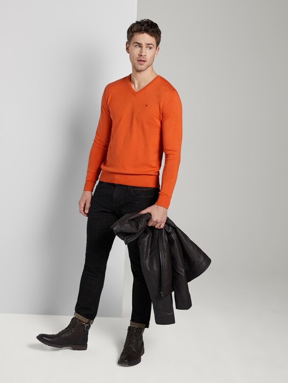 Basic Strickpullover mit V-Ausschnitt - Männer - bright orange melange Basic Strickpullover mit V-Ausschnitt - Männer - bright orange melange - 3 - TOM TAILOR