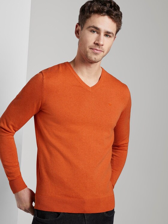 Basic Strickpullover mit V-Ausschnitt - Männer - bright orange melange Basic Strickpullover mit V-Ausschnitt - Männer - bright orange melange - 5 - TOM TAILOR