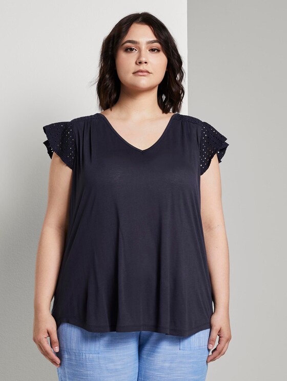 T-Shirt mit Lochstickerei - Frauen - Real Navy Blue T-Shirt mit Lochstickerei - Frauen - Real Navy Blue - 1 - My True Me