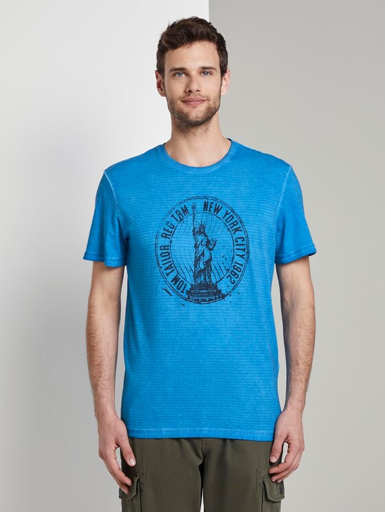 Gestreiftes T-Shirt mit NYC-Print - Männer - Electric Teal Blue Gestreiftes T-Shirt mit NYC-Print - Männer - Electric Teal Blue - 1 - TOM TAILOR
