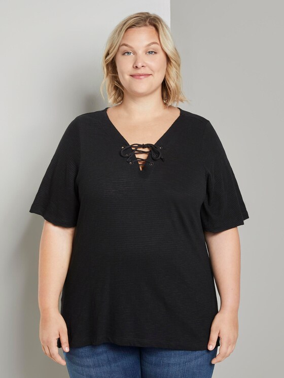 T-Shirt mit Schnürung am Ausschnitt - Frauen - Deep Black T-Shirt mit Schnürung am Ausschnitt - Frauen - Deep Black - 1 - My True Me