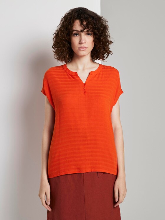 T-Shirt mit Henley-Ausschnitt im Materialmix - Frauen - strong flame orange T-Shirt mit Henley-Ausschnitt im Materialmix - Frauen - strong flame orange - 1 - TOM TAILOR