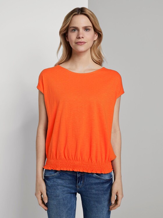 T-Shirt mit Smocking-Detail am Bund - Frauen - strong flame orange T-Shirt mit Smocking-Detail am Bund - Frauen - strong flame orange - 1 - TOM TAILOR